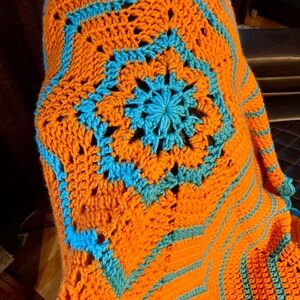Handcrafted Orange and Turqua Crochet Star Afghan